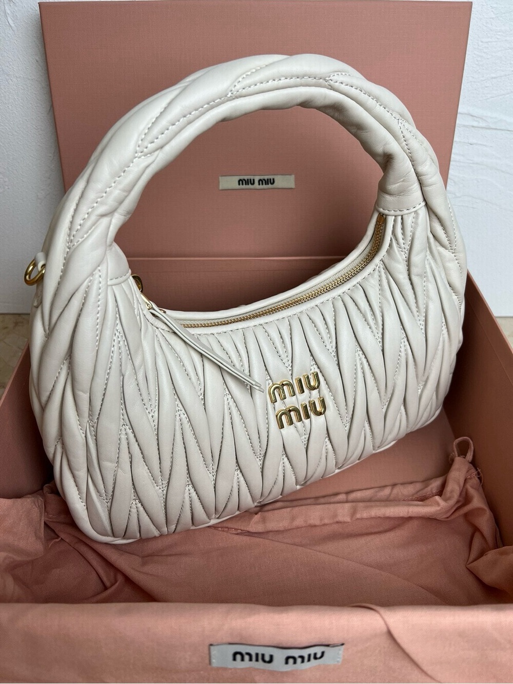 Miu Miu Cream Quilted Matelassé Leather Shoulder Bag with Gold Hardware